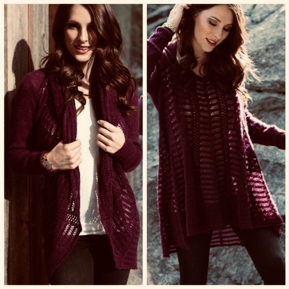 EUC Grace & Lace Burgundy Open Knit Crochet Cardigan OR High‑Low Sweater One-Sz